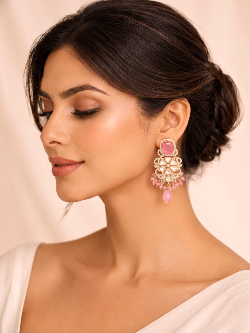 Pink Polki Floral Drop Earrings