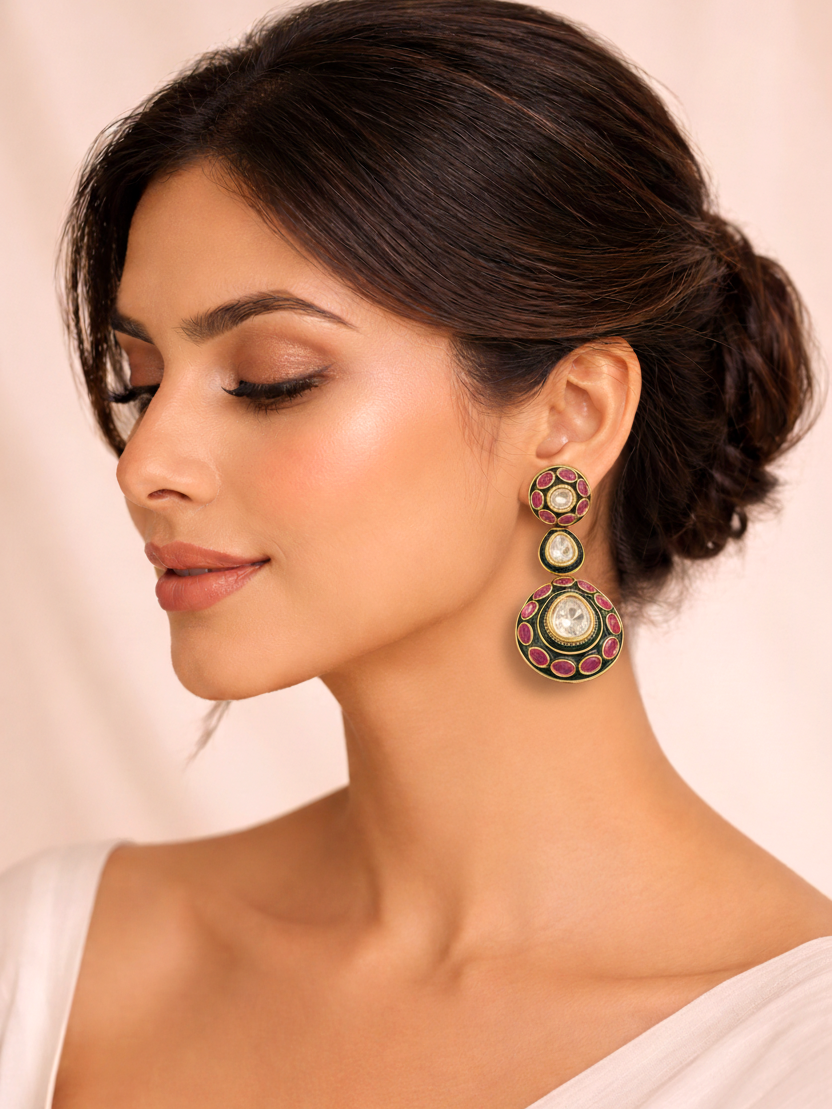 Meenakari Polki Drop Earrings with Ruby Accents
