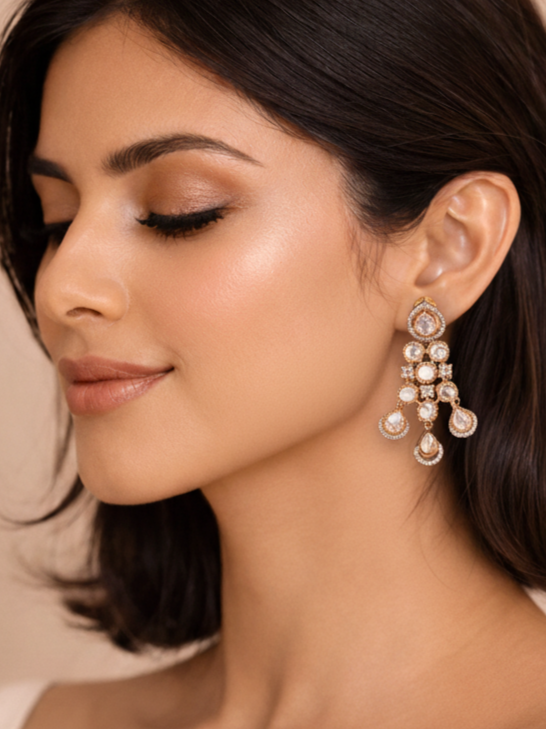 Polki Cluster Drop Earrings in Gold Finish