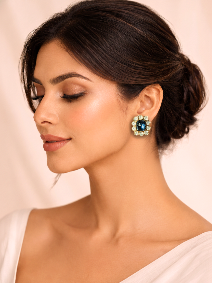 Midnight Blue Polki Halo Studs