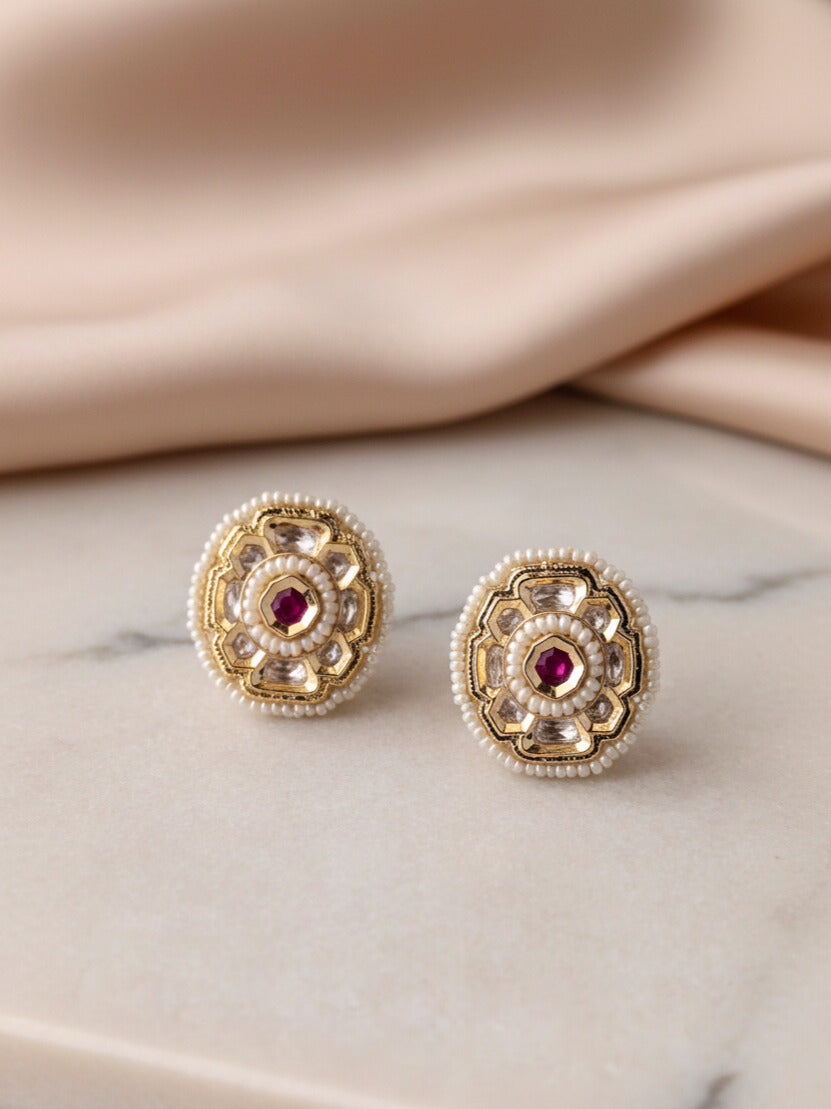 Polki Pearl Stud Earrings with Ruby Accent