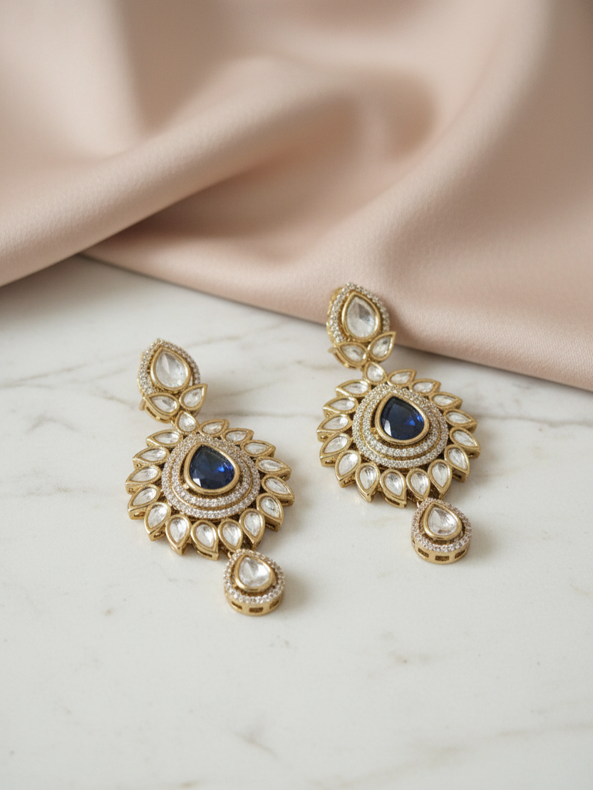 Polki Teardrop Earrings with Blue Stone