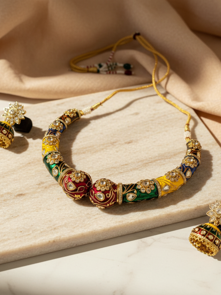 Multicolor Polki Meenakari Hasli with Jhumka Earrings