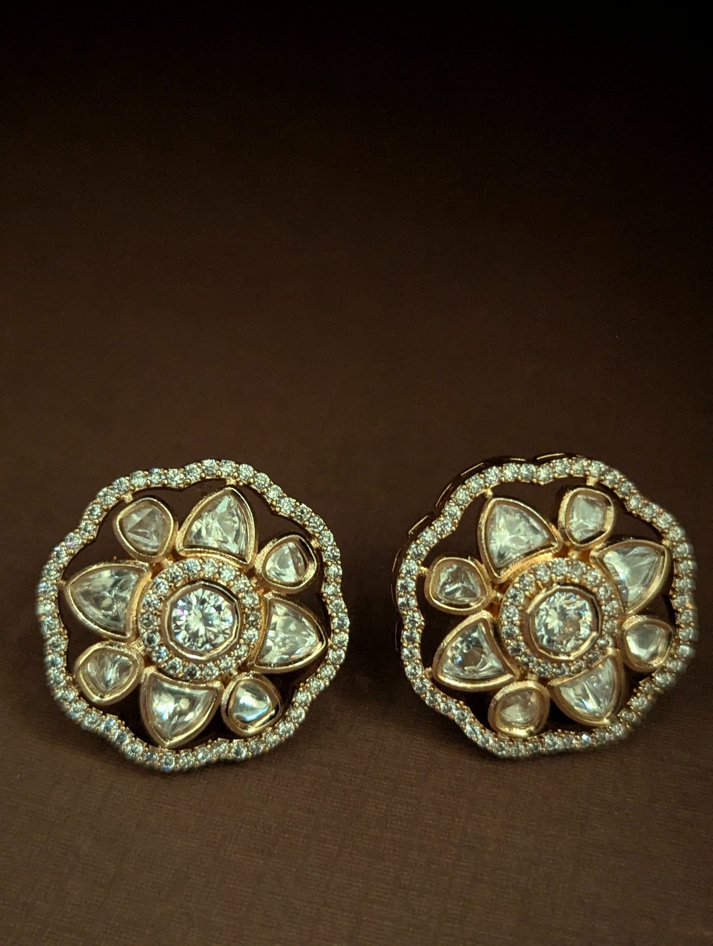 Golden Polki Stud Earrings with Floral Design