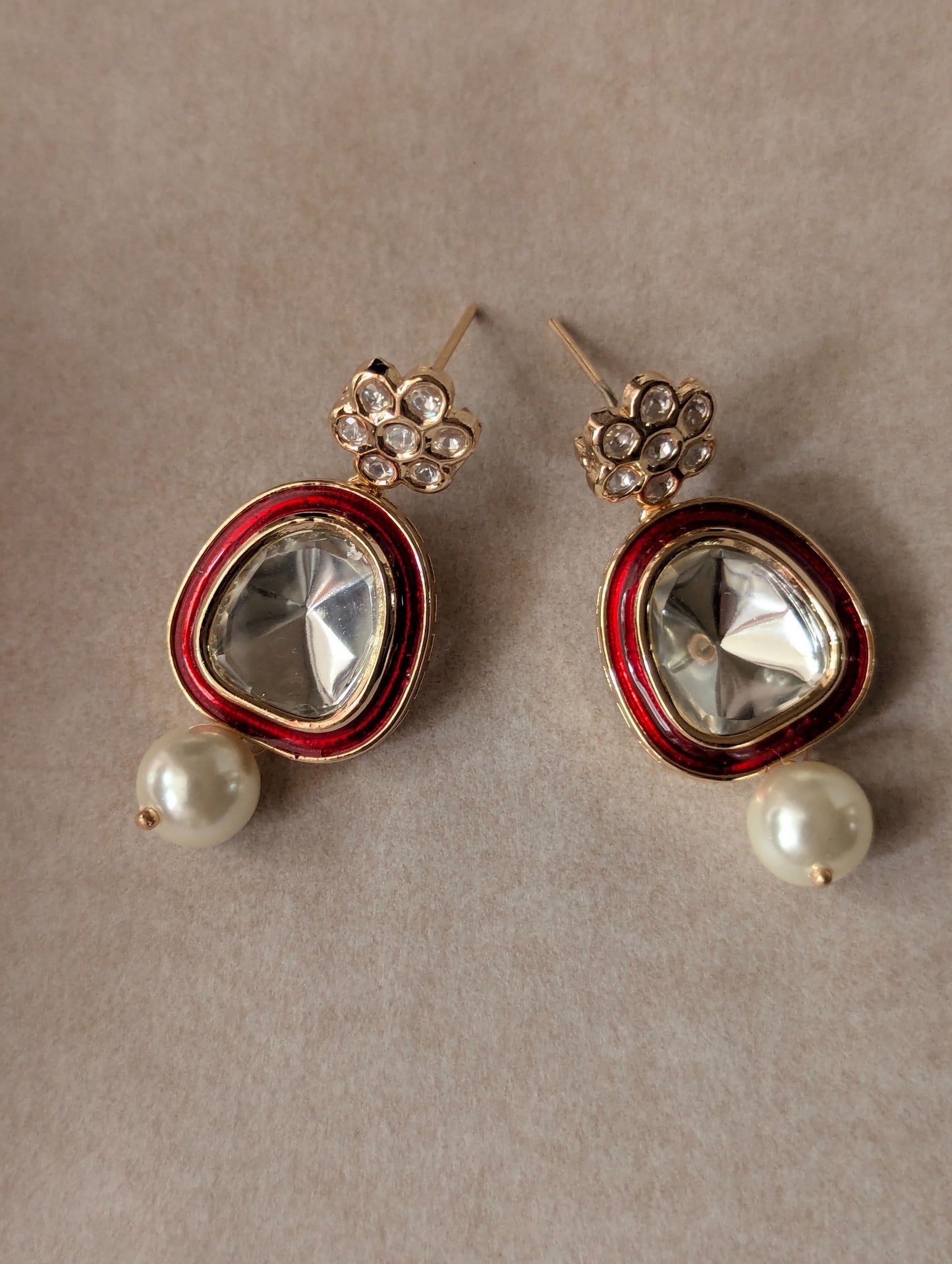 Red Enamel Polki Drop Earrings with Pearl