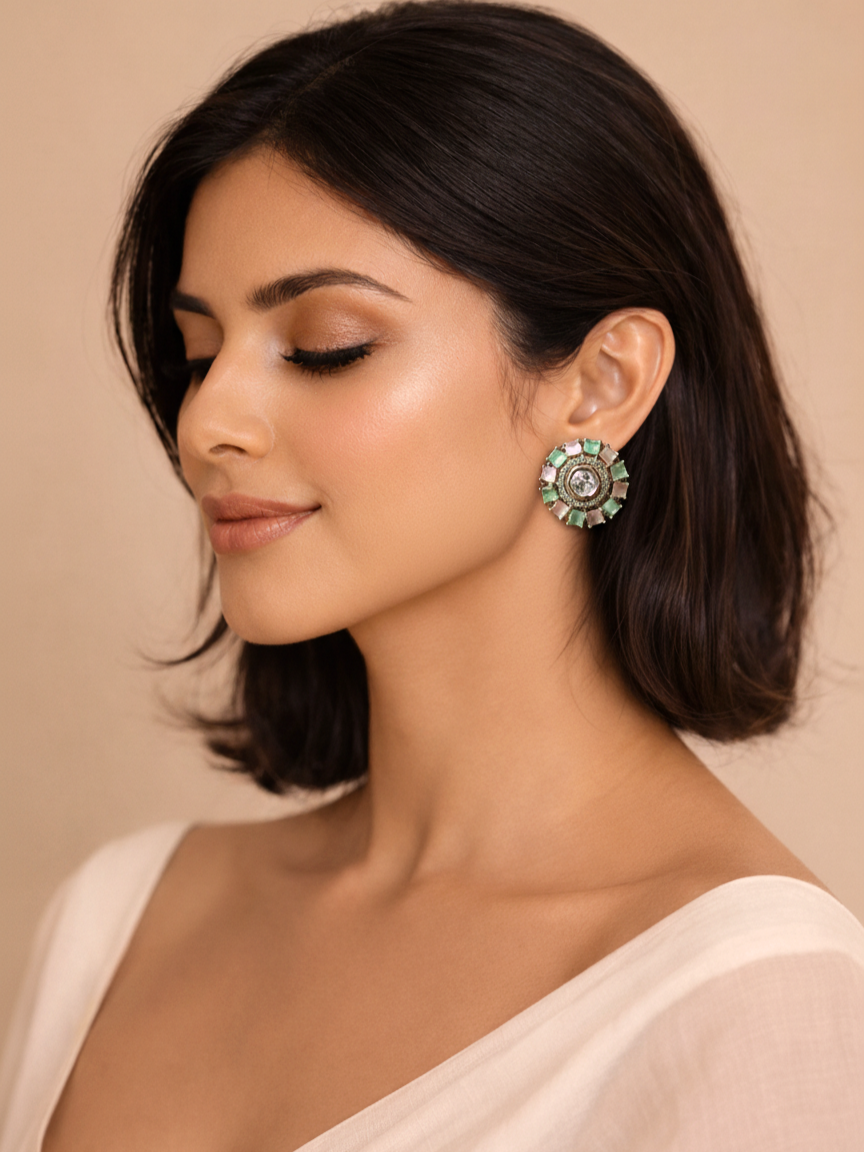 Mint Green & Blush Pink Polki Floral Stud Earrings in Silver Finish