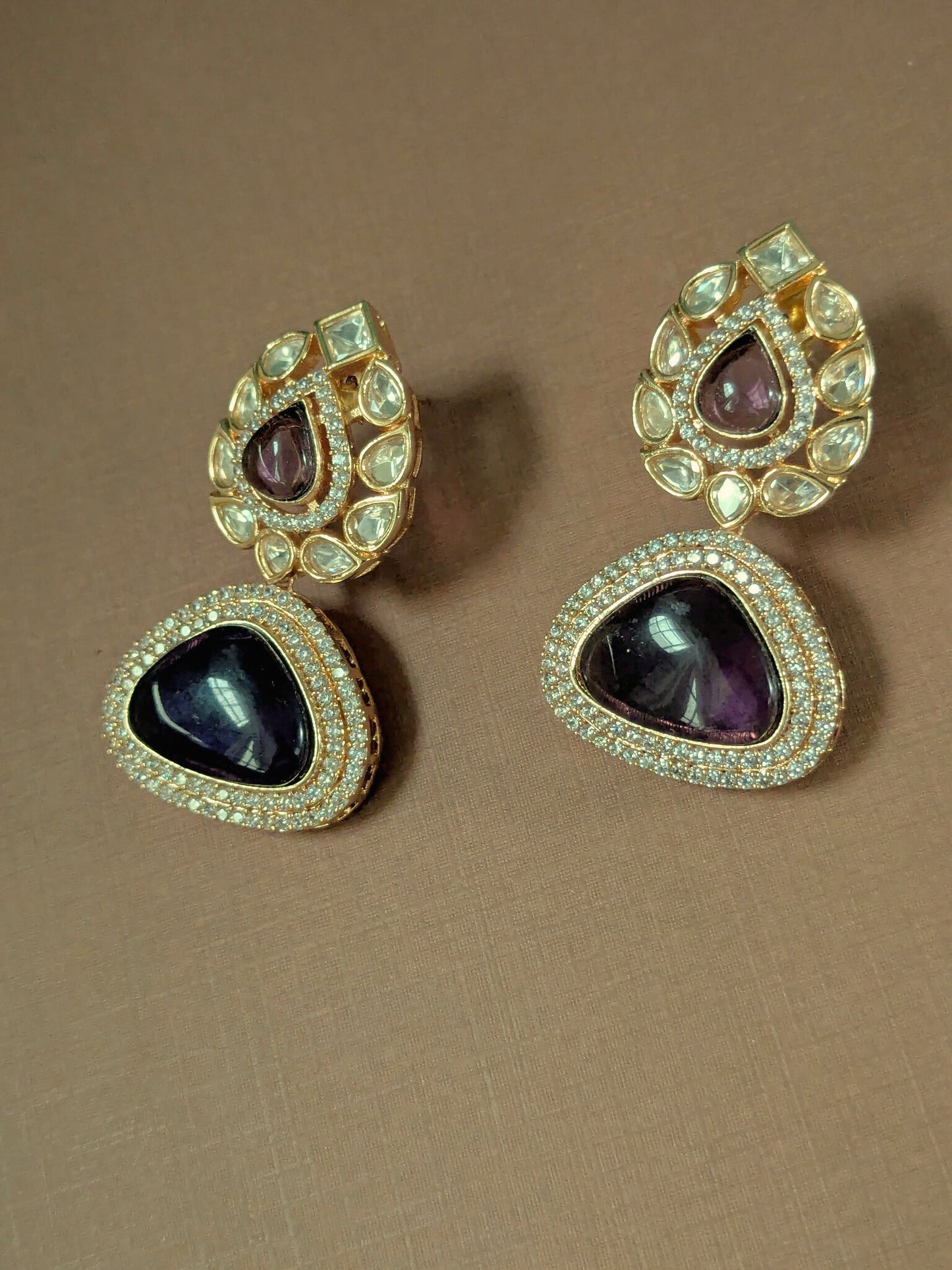 Polki Drop Earrings with Purple Stones