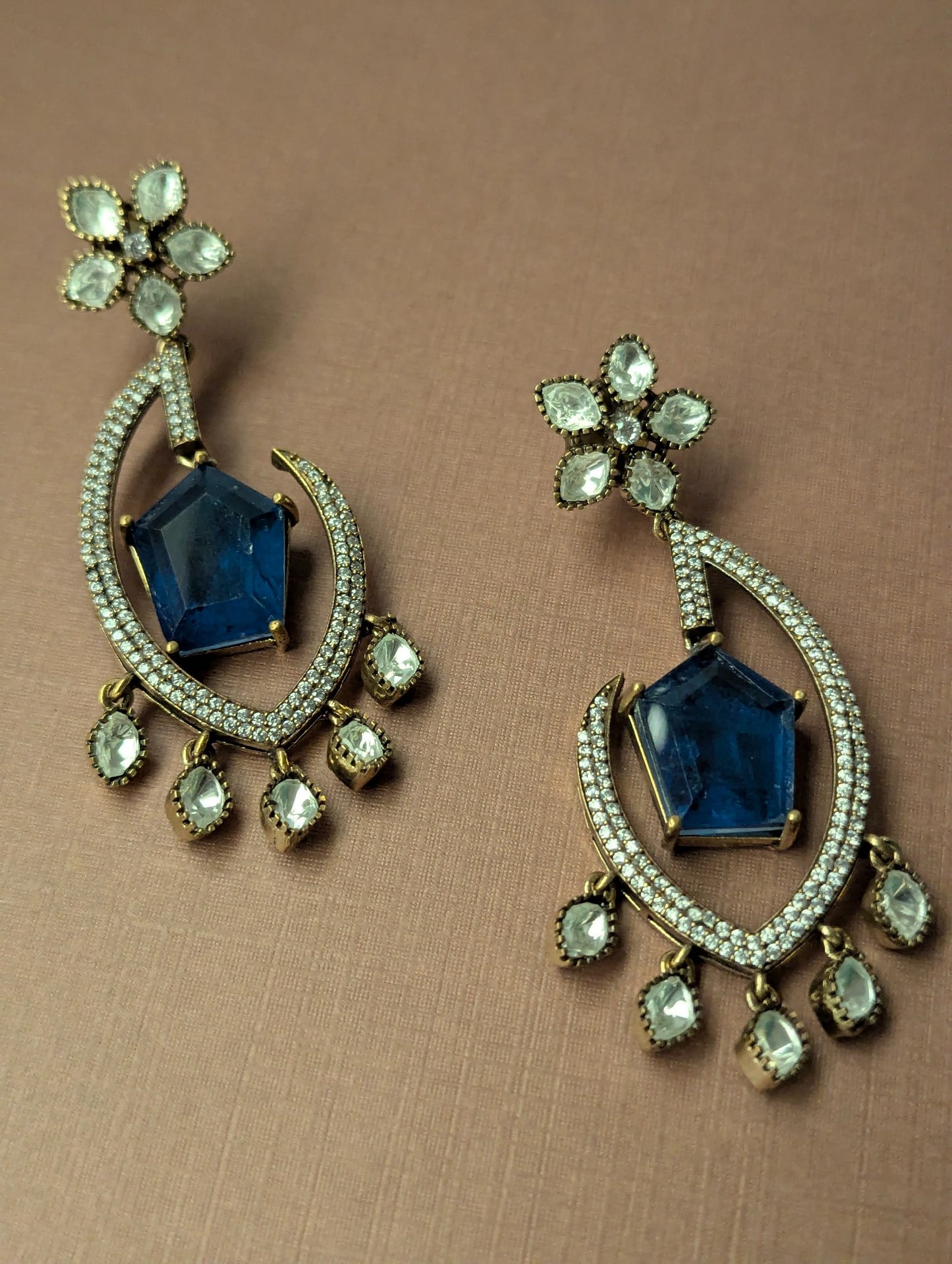 Blue Stone Polki Crescent Drop Earrings