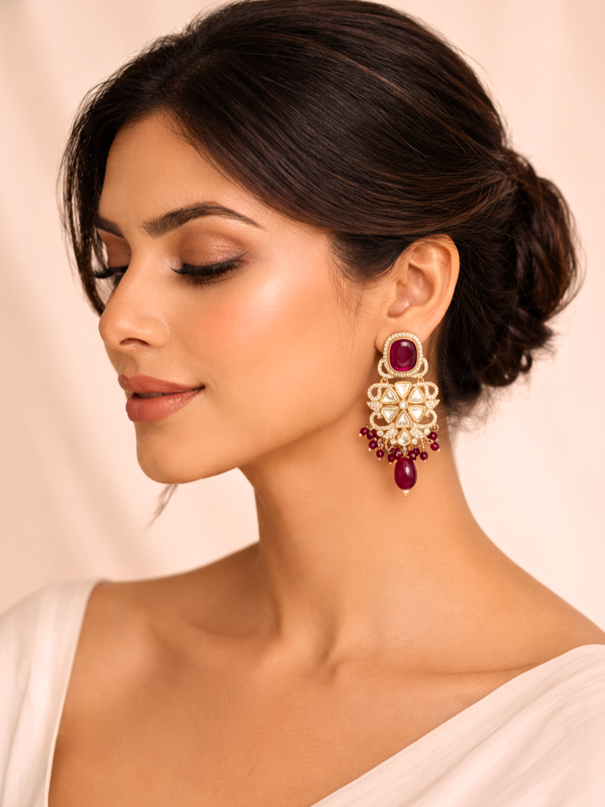 Maroon Polki Floral Drop Earrings