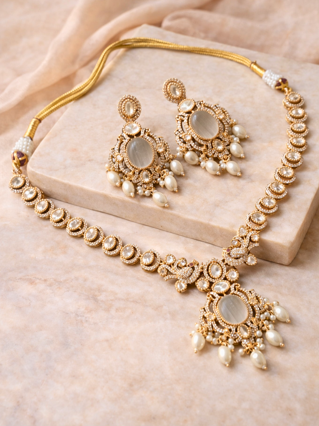 Peacock Design Grey Polki Necklace Set with Pearl Drops