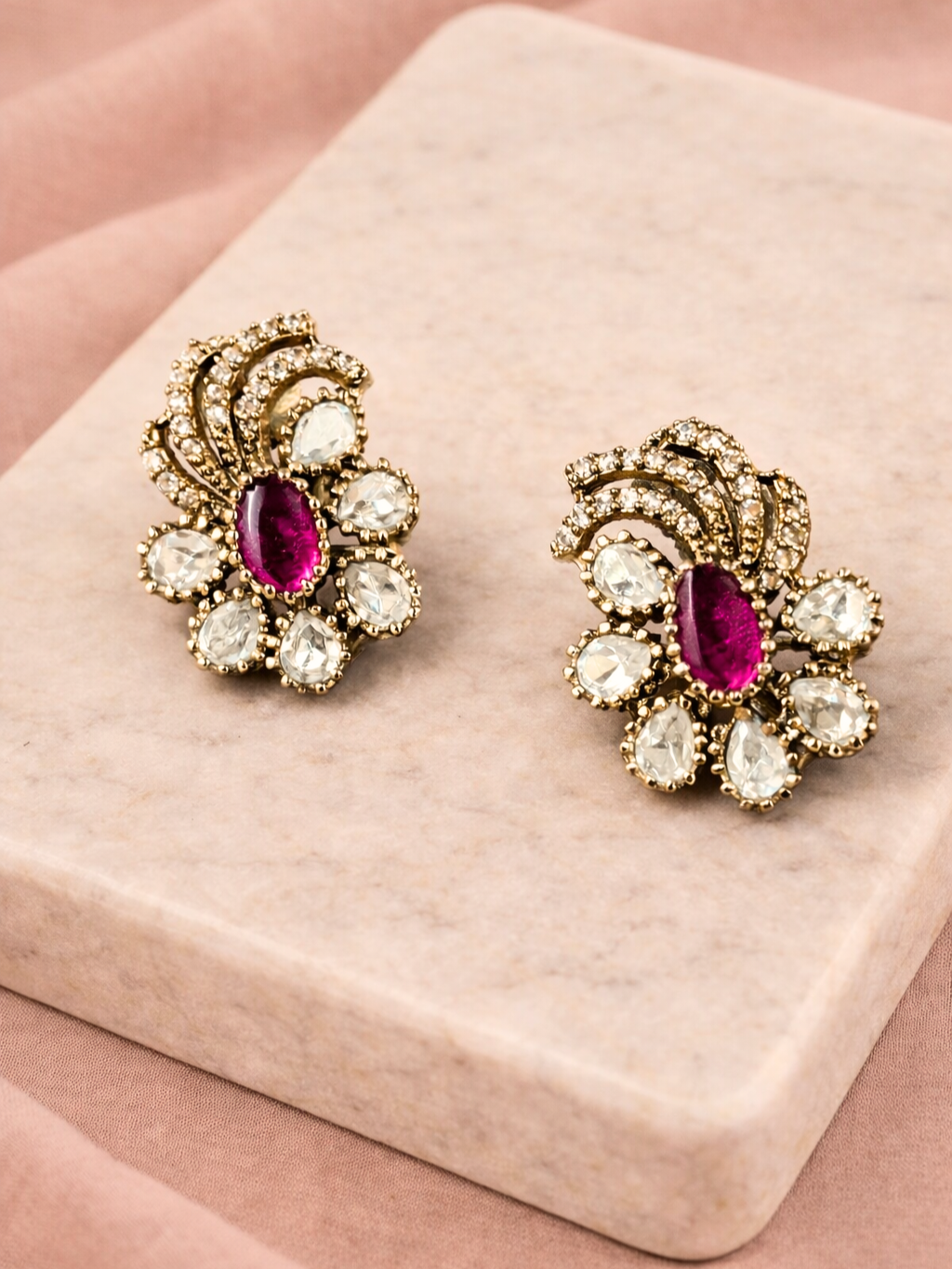 Ruby coloured Polki Floral Studs