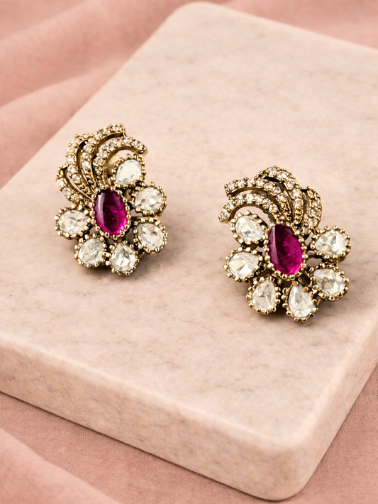 Ruby coloured Polki Floral Studs
