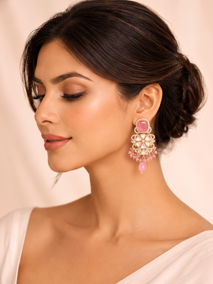 Pink Polki Floral Drop Earrings