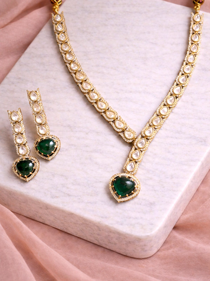 Snake Style Polki Necklace Set with Green Stone