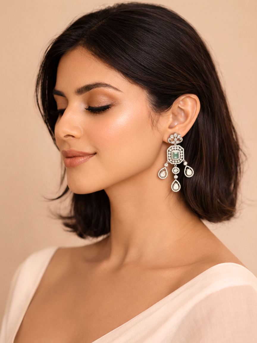 Polki Drop Earrings with Aqua Blue Centre Stone