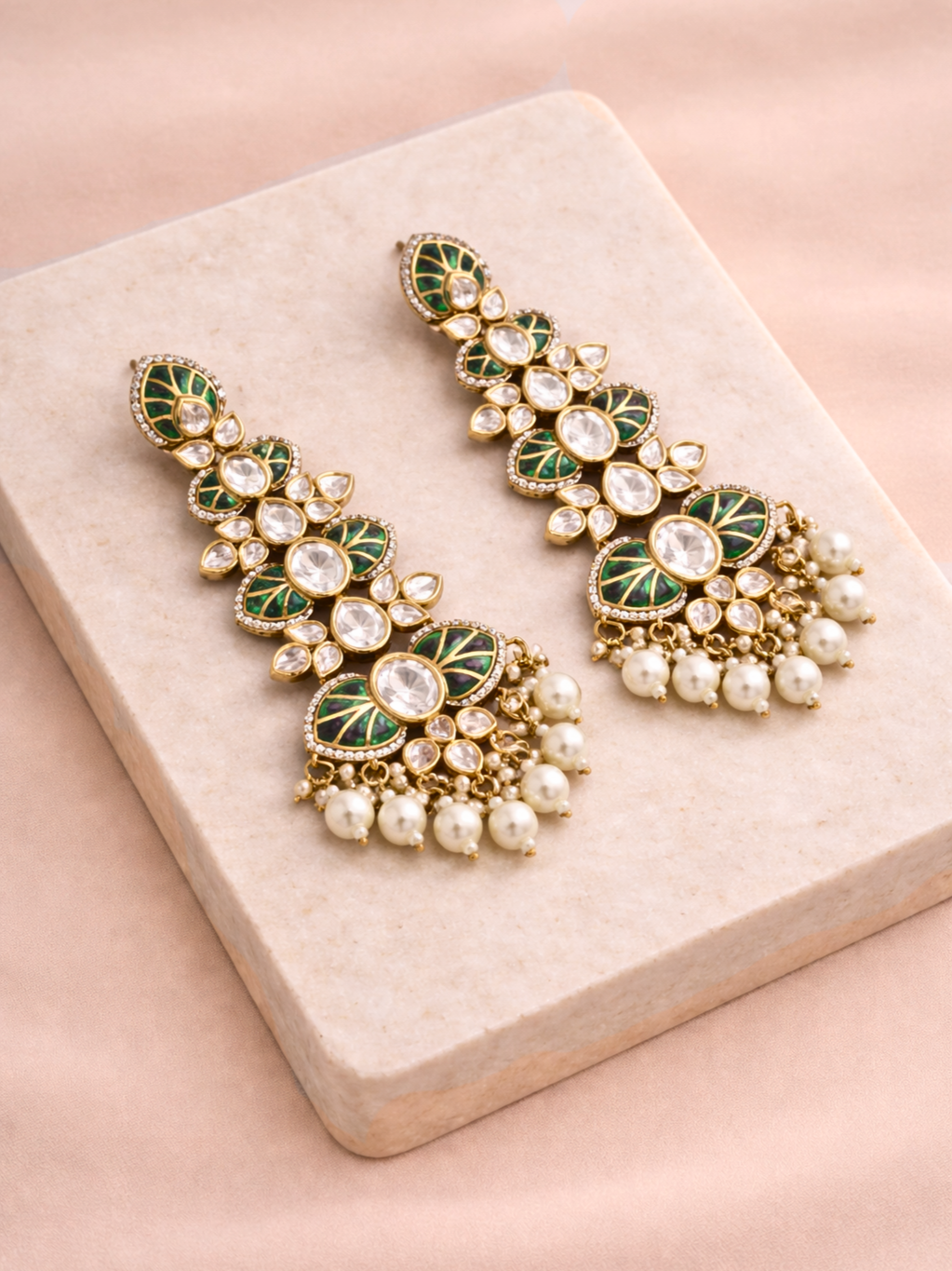 Emerald Polki Chandelier Statement Earrings with Pearl Drops