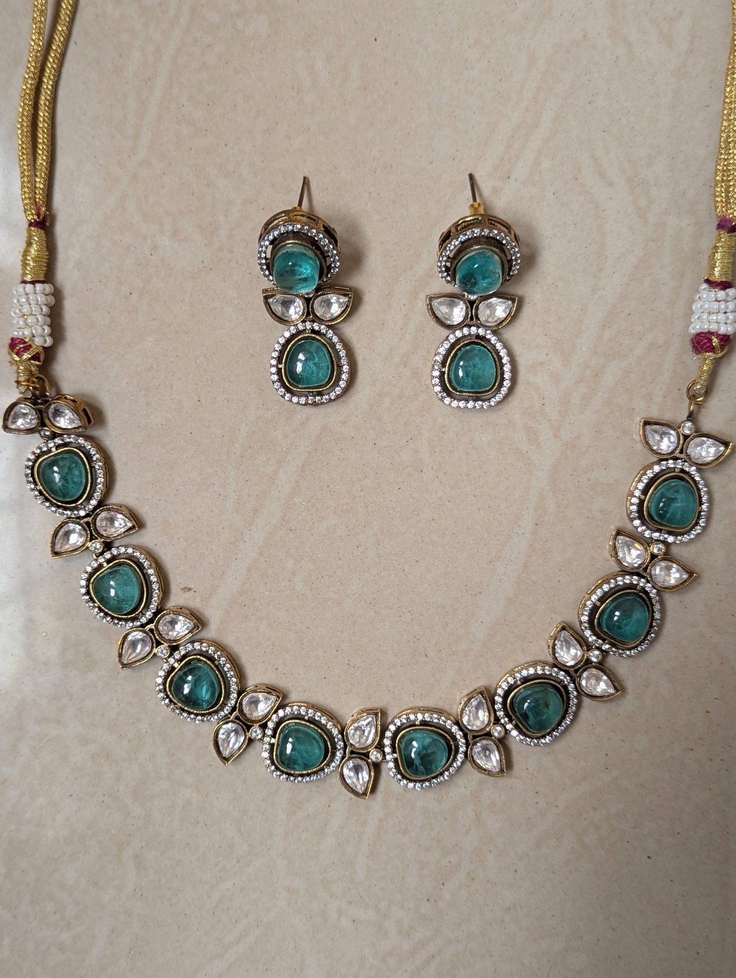 Emerald Green Polki Necklace Set with Matching Earrings
