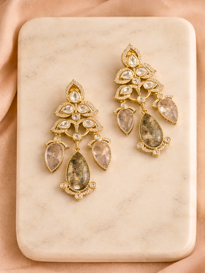 Polki-Style Pear Drop Earrings with Natural Marble Stones