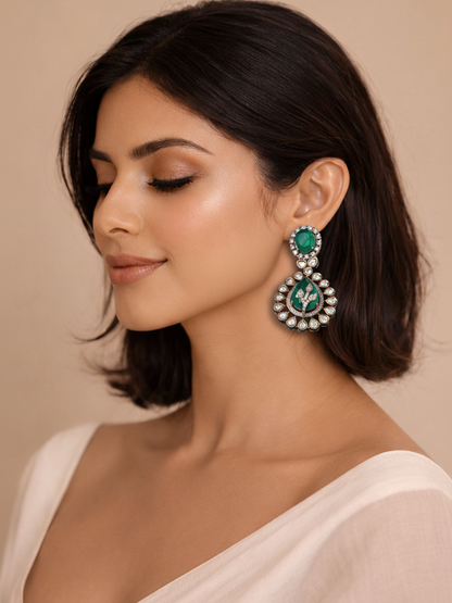 Emerald Polki Drop Earrings with Leaf Motif & Kundan Detailing