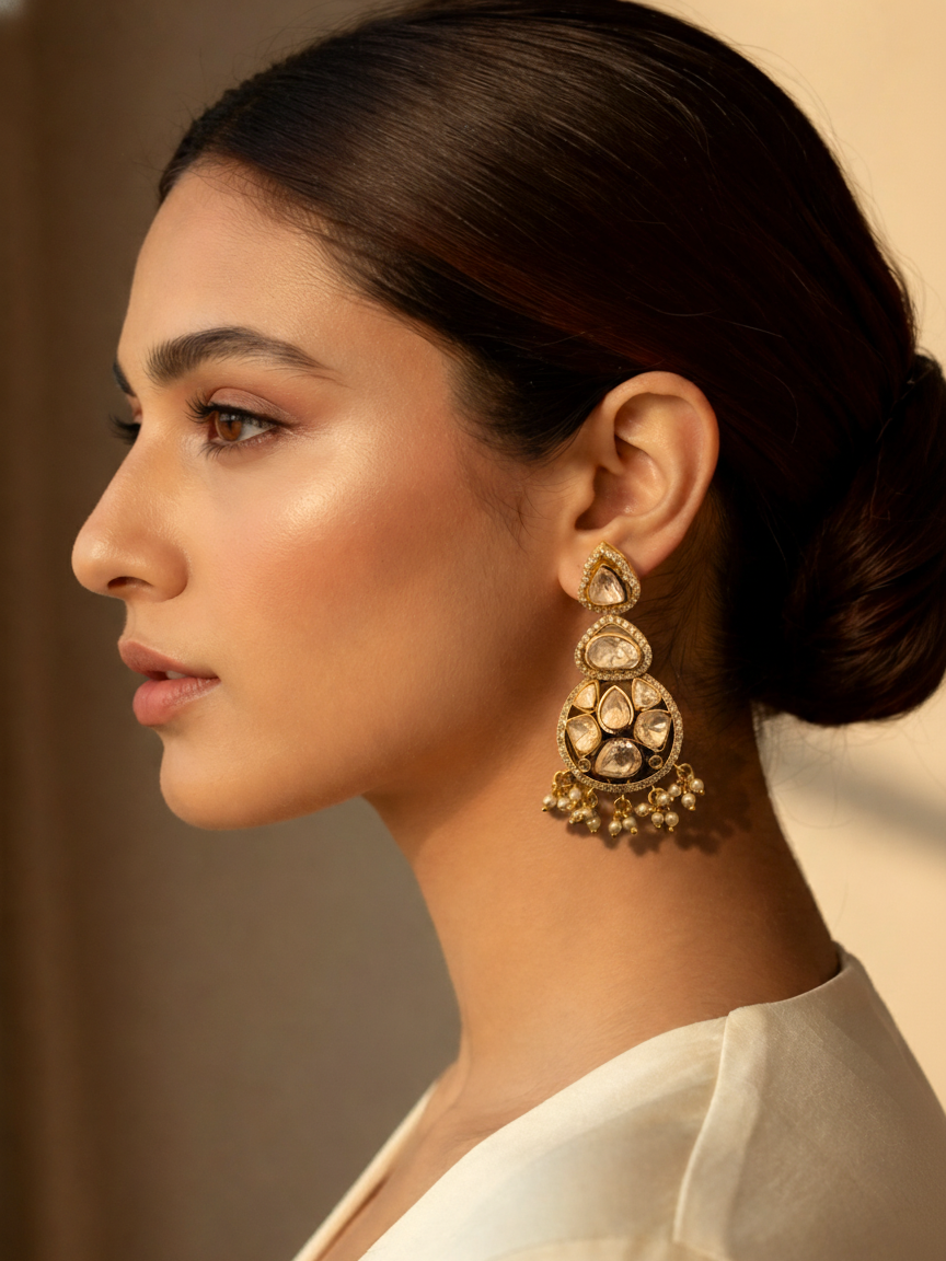 Polki Drop Earrings with Pearl Detailing
