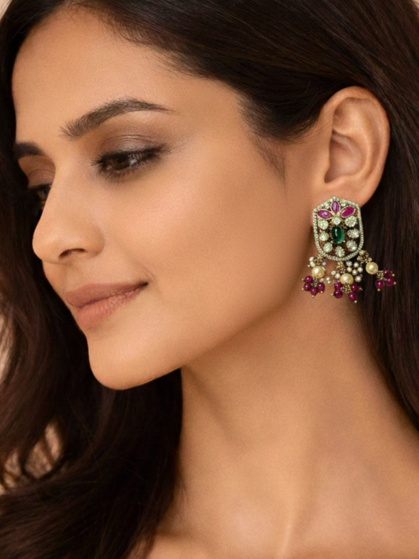 Moissanite Polki Stud Danglers with Emerald & Ruby Accents
