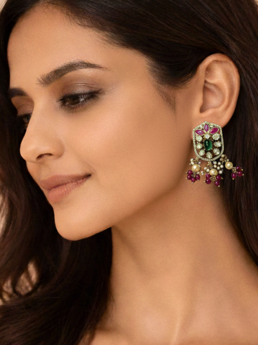 Moissanite Polki Stud Danglers with Emerald & Ruby Accents