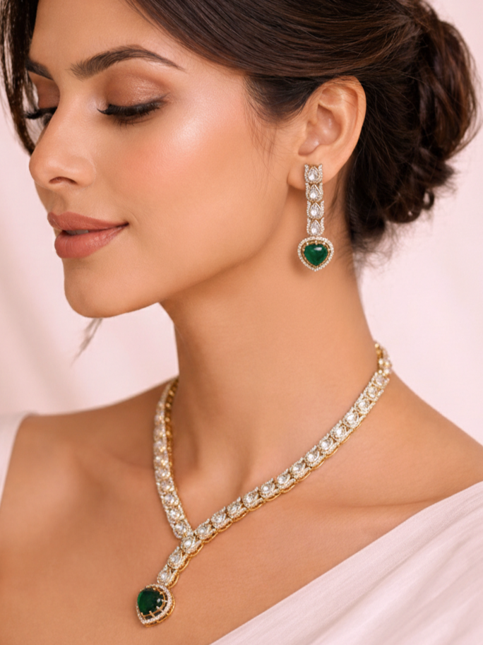 Snake Style Polki Necklace Set with Green Stone