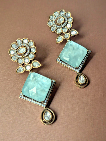 Aqua Polki Drop Earrings with Floral Stud