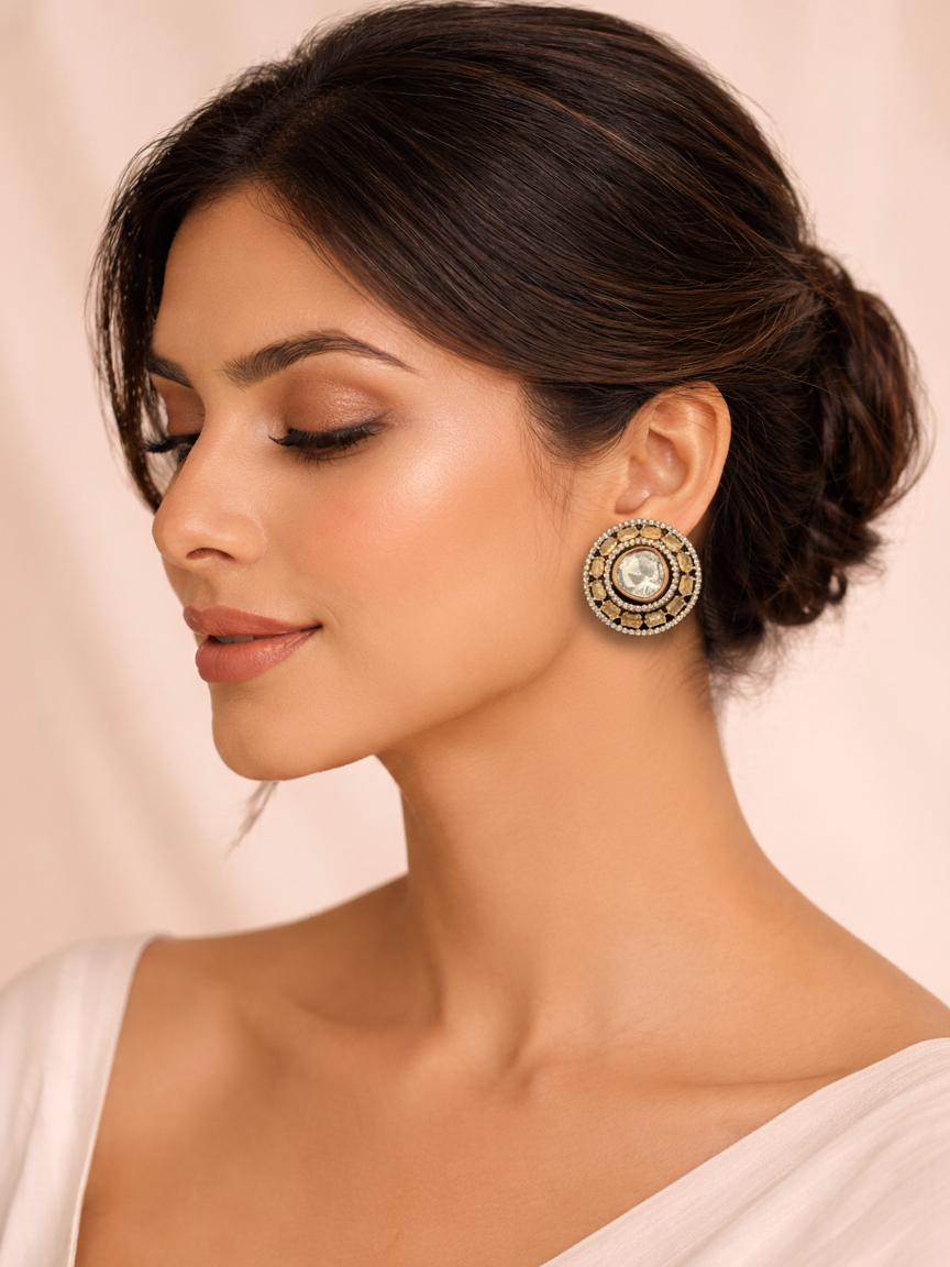 Polki Circle Stud Earrings with Champagne Accents