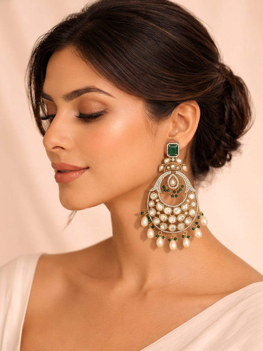 Dark Green Polki Chandbali Earrings with Pearls