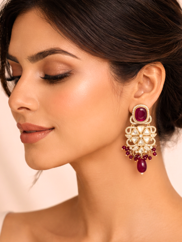 Maroon Polki Floral Drop Earrings