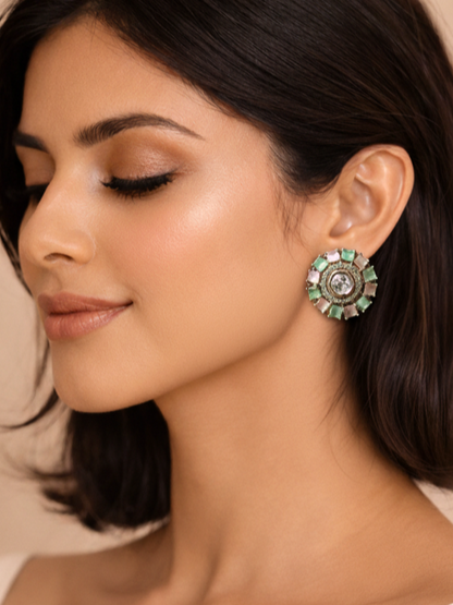 Mint Green & Blush Pink Polki Floral Stud Earrings in Silver Finish