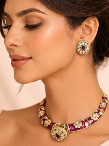 Purple Enamel Polki Hasli Necklace Set with Stud Earrings