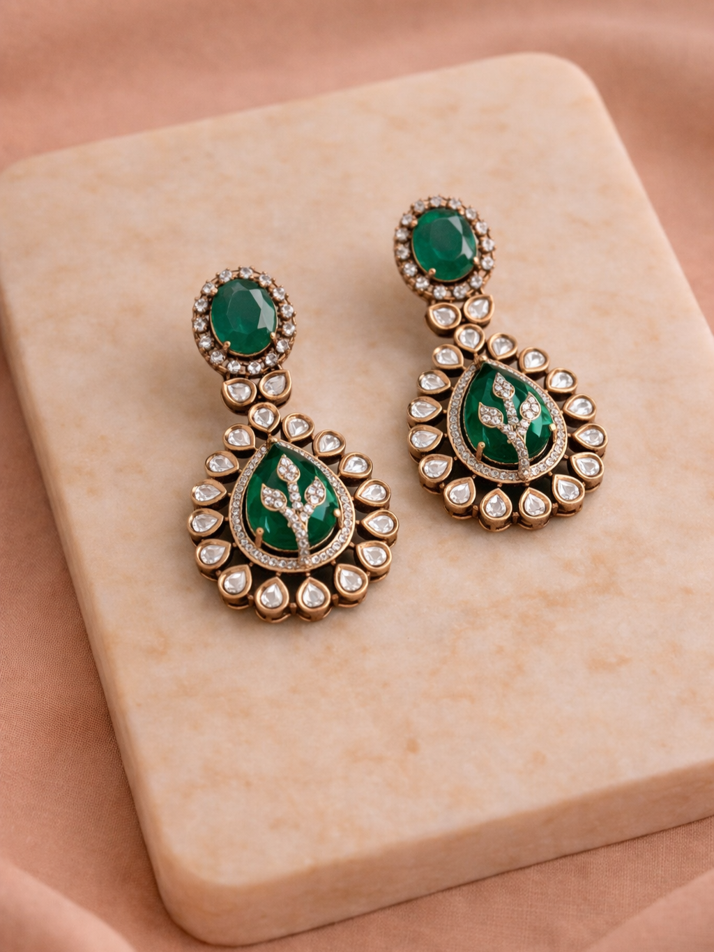 Emerald Polki Drop Earrings with Leaf Motif & Kundan Detailing