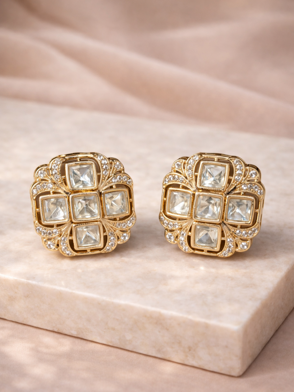 Square Polki Stud Earrings in Gold Finish