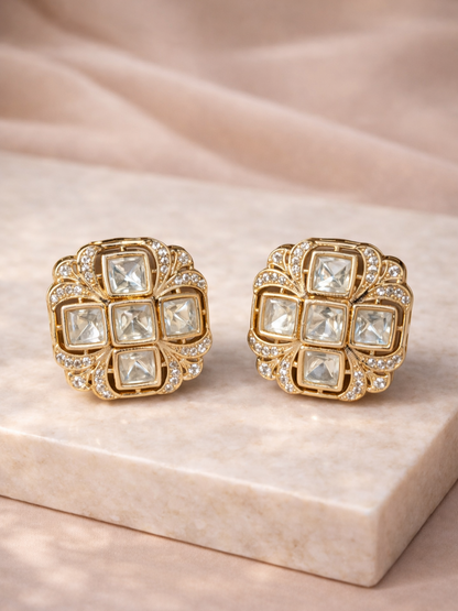 Square Polki Stud Earrings in Gold Finish