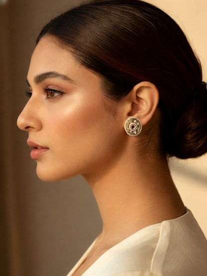 Polki Pearl Stud Earrings with Ruby Accent