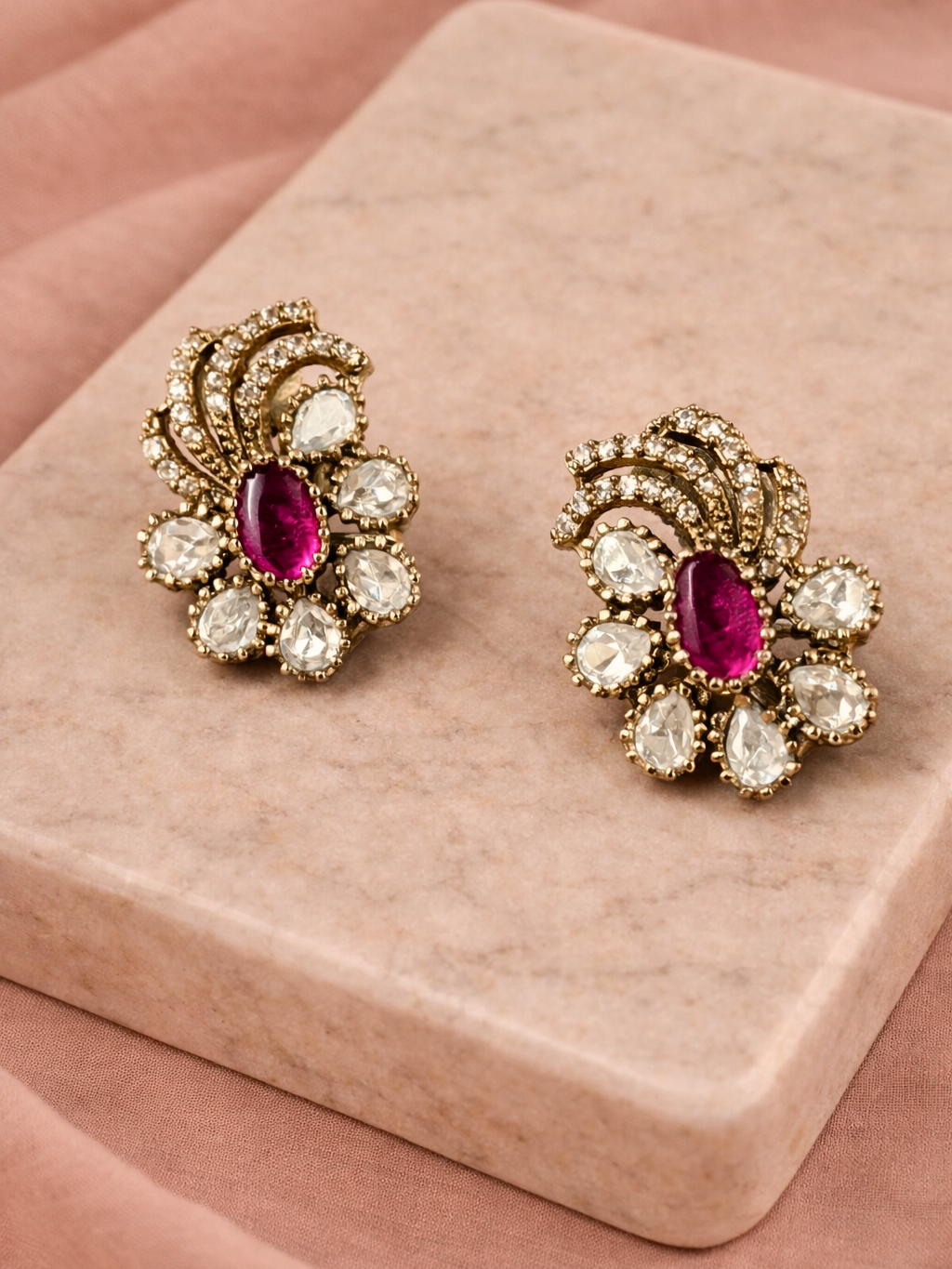 Ruby coloured Polki Floral Studs