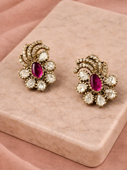 Ruby coloured Polki Floral Studs