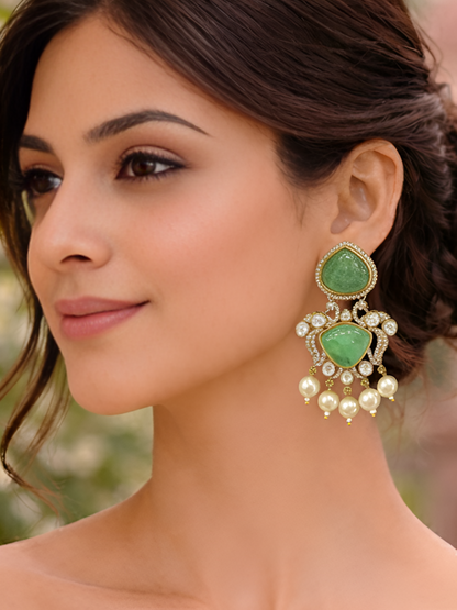 Mint Green Polki Drop Earrings with Pearl Drops
