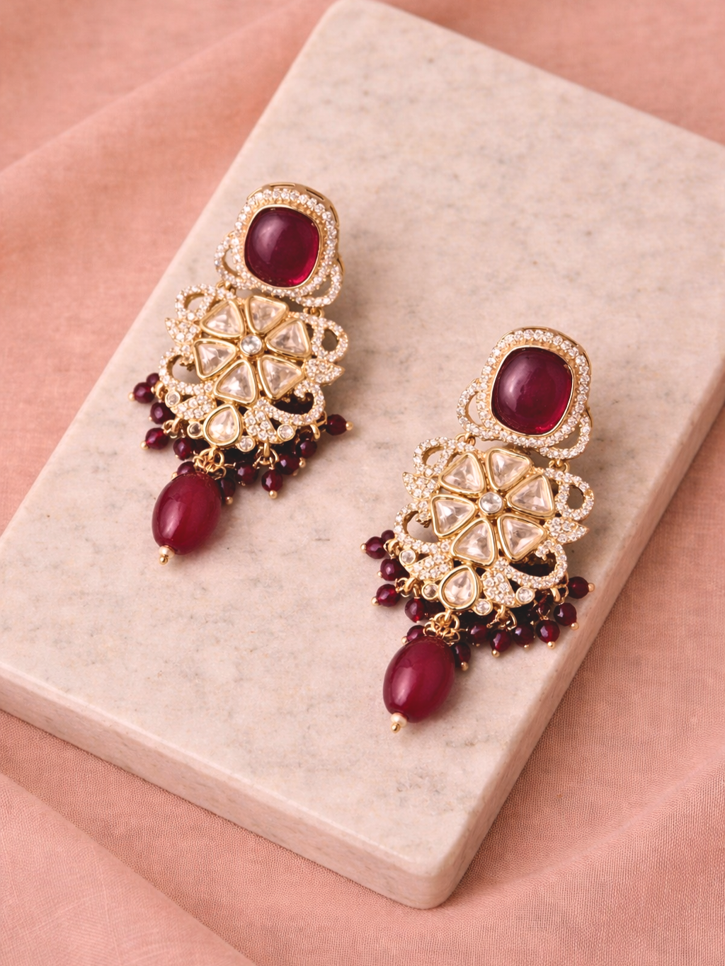 Maroon Polki Floral Drop Earrings