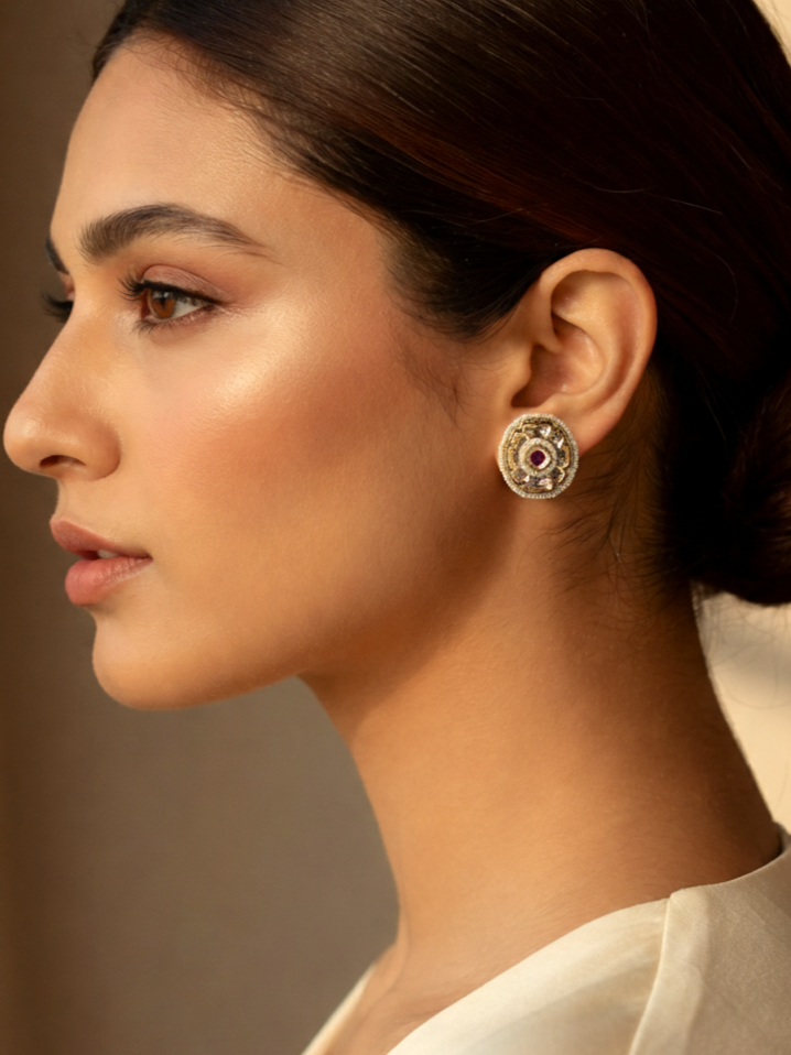 Polki Pearl Stud Earrings with Ruby Accent