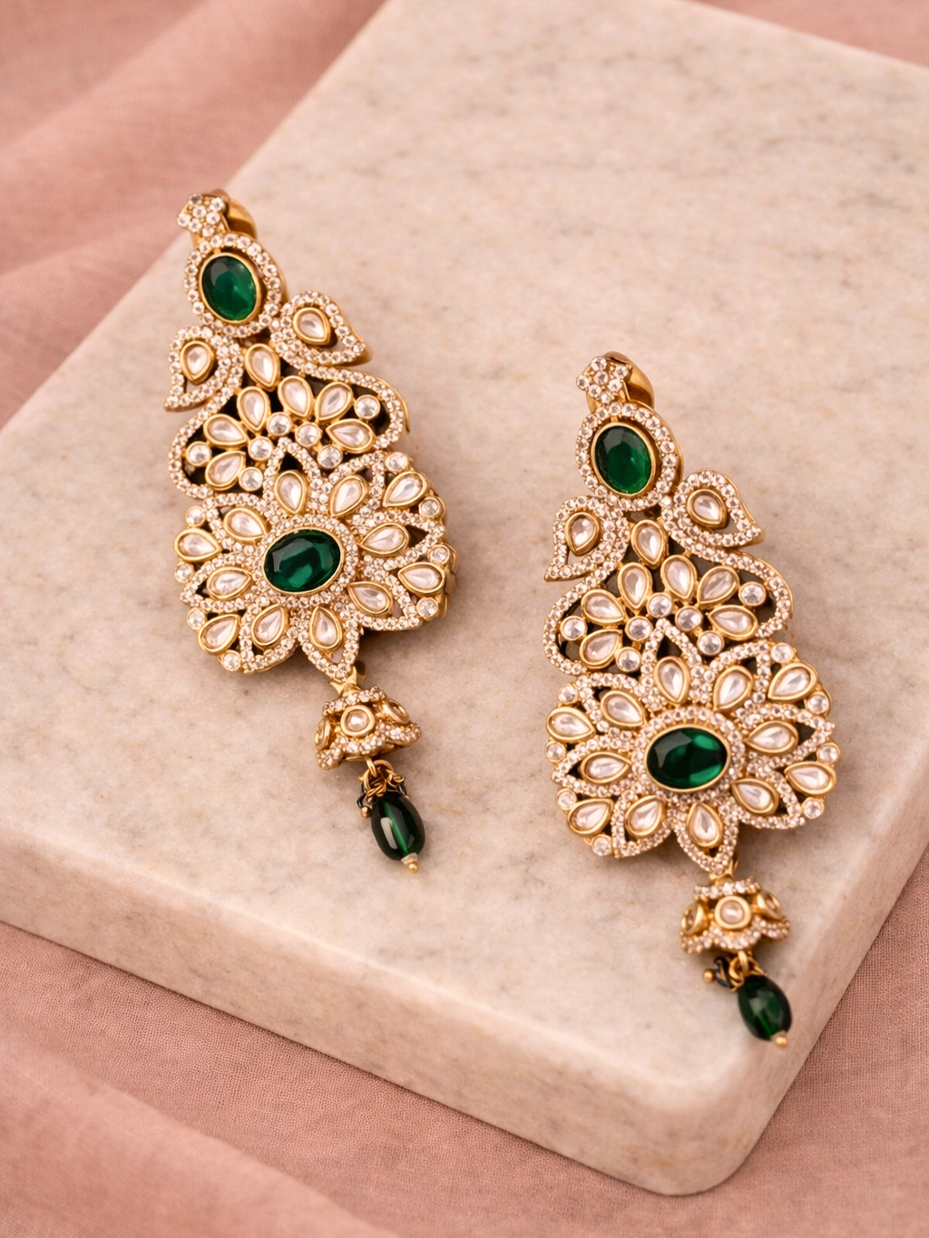 Emerald Polki Statement Drop Earrings