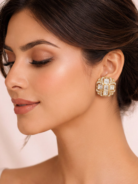 Square Polki Stud Earrings in Gold Finish
