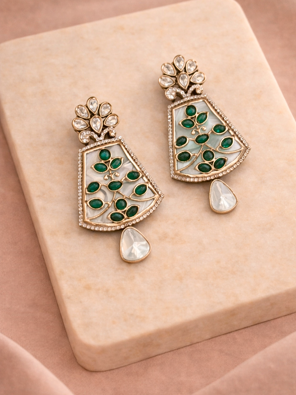 Emerald Vine Polki Drop Earrings