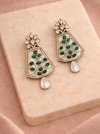 Emerald Vine Polki Drop Earrings