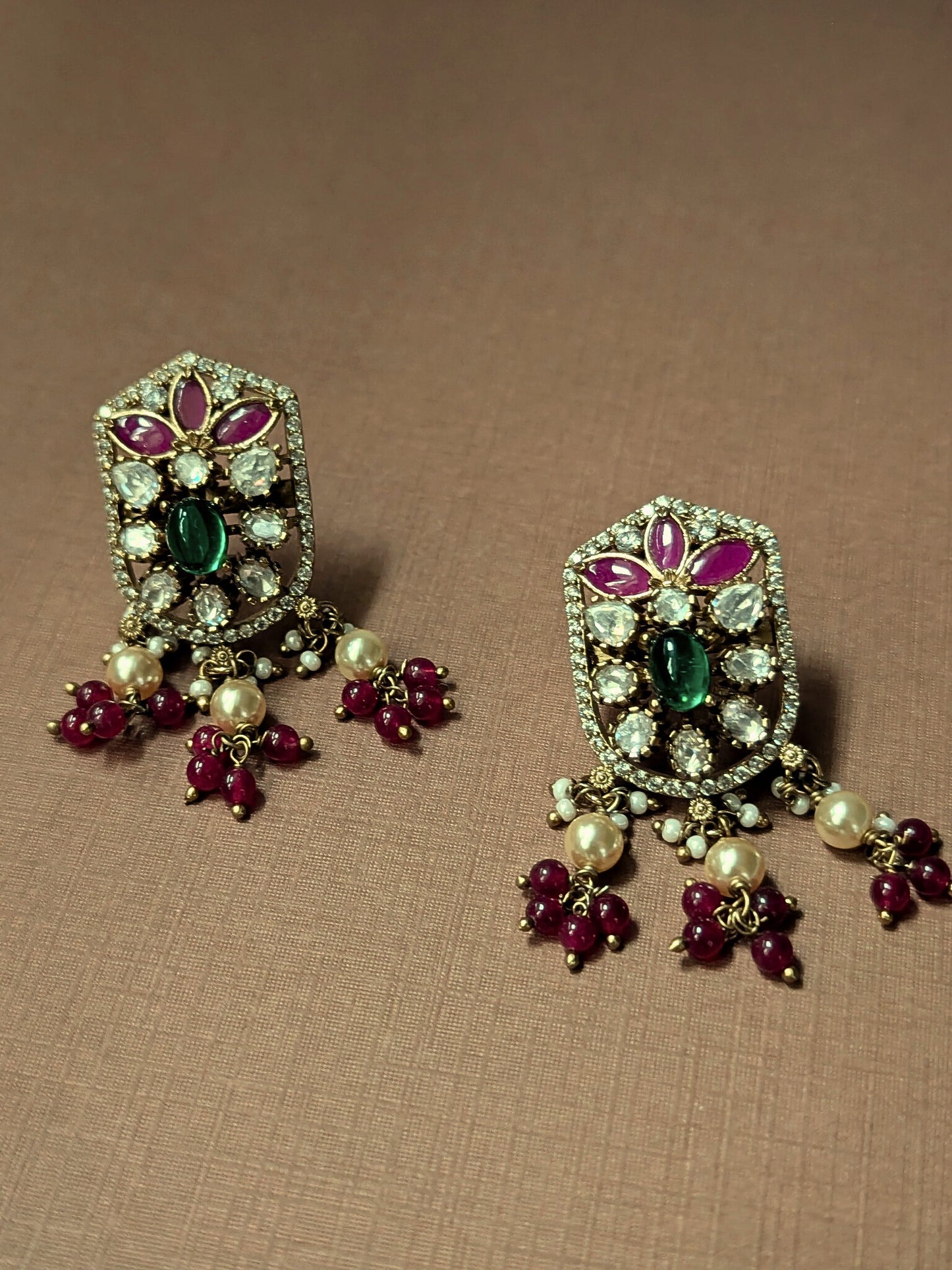 Moissanite Polki Stud Danglers with Emerald & Ruby Accents
