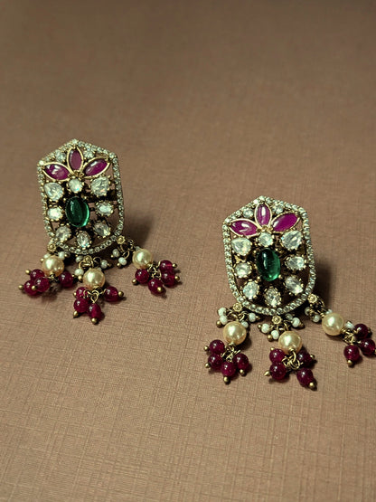 Moissanite Polki Stud Danglers with Emerald & Ruby Accents