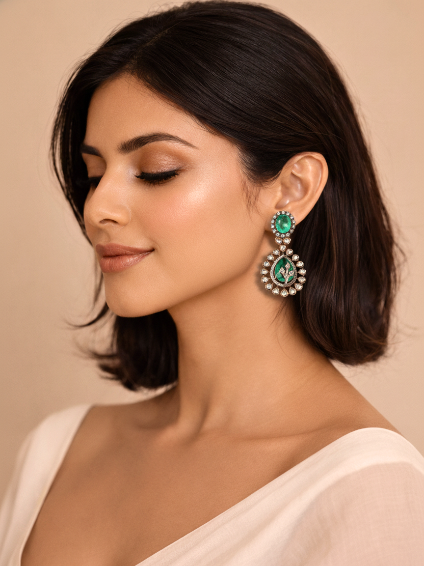 Green Polki Drop Earrings with Leaf Motif & Kundan Detailing
