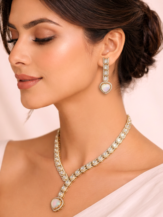 Snake Style Polki Necklace Set with Grey Stone